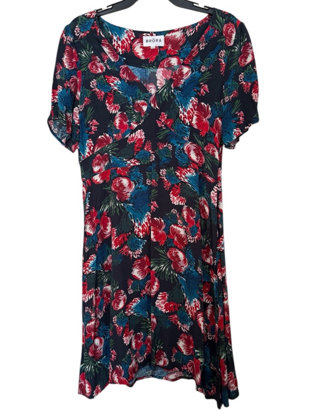 Brora Black & Red Floral Flower Print V-Neck Empire Waist Dress Size UK 14 US 10
